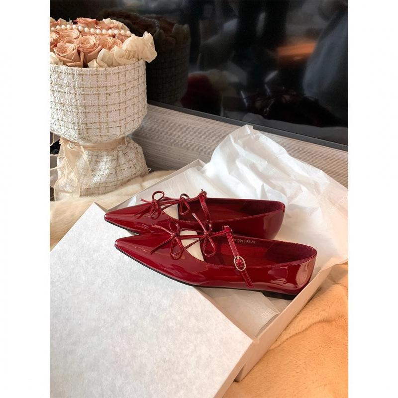 

Туфли с острым носком, бантом, мелким вырезом, на плоской подошве, Мэри Джейн, одинарные туфли, женские банкетные туфли, весна 40 бордовый