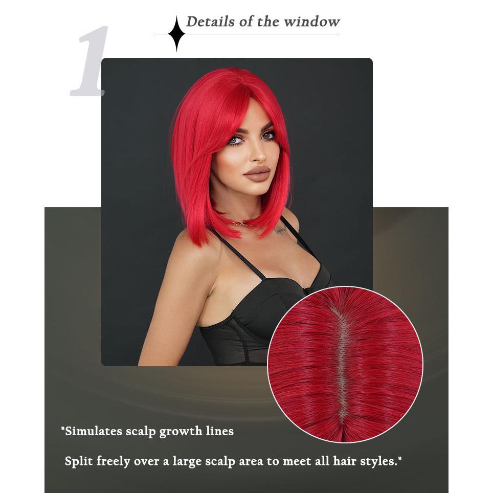 Red Short Straight Wig for Women - Bob Cut with Middle Part Curtain Bangs, Halloween Easter Party Machine Made Full Cap Wig