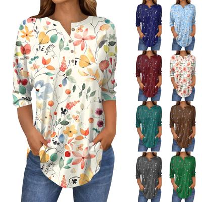 3/4-Ärmel Damen-Oberteile Sommer-T-Shirts Blumendruck V-Ausschnitt Lässige Basic-T-Shirt Button-Shirts Tunika-Oberteile