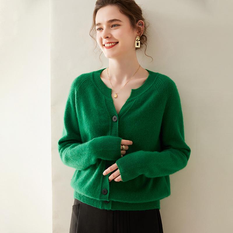 Women's Thick Cashmere Round Neck Raglan Sleeve Sweater Cardigan - Loose Fit, Autumn/Winter Versatile Outerwear