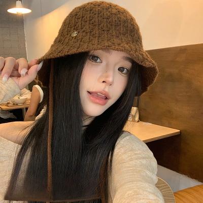 Korean Style Woolen Ear Protection Hat for Women Knitted Drawstring Toe Cap Face Showing Small Fisherman Hat Enlarged Brim Bucket Hat