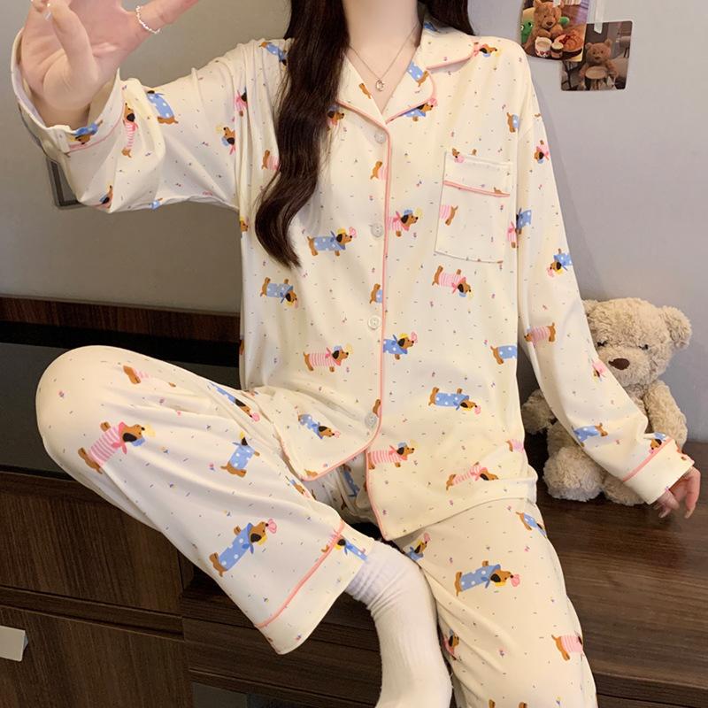 Imitation cotton ins style bow pajamas women's spring new fashion lazy long-sleeved loungewear two-piece set