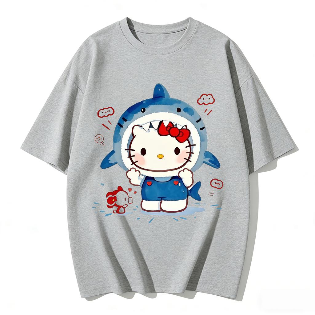 2026 New Arrival Kawaii Hello Kitty Shark Print Couple T Shirts Casual Family Matching Outfits Parentchild Tees Tops Summer Y2k