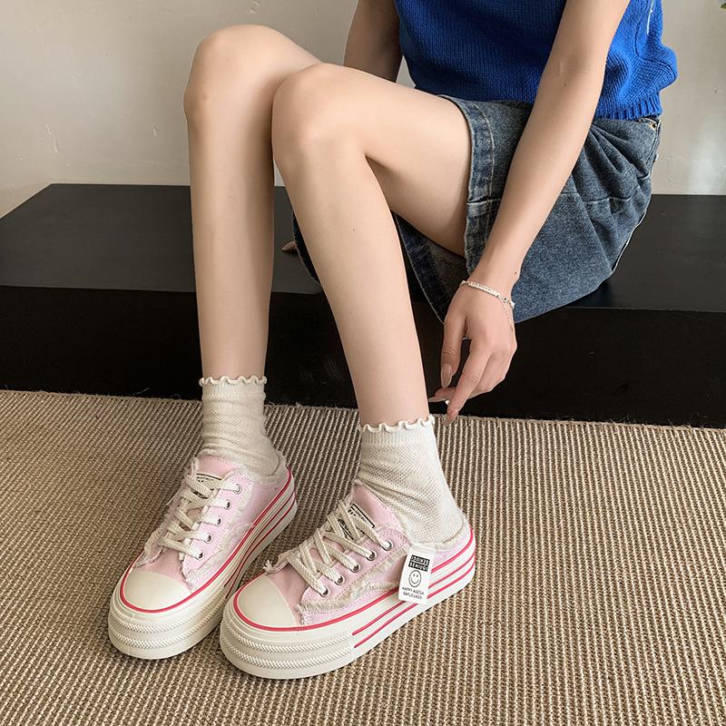 2025 Summer New Thick-sole Slippers Fashion Casual Lace-up Women's Sandals Canvas Low-top Sneakers Flat Semi-vulcanized Shoes