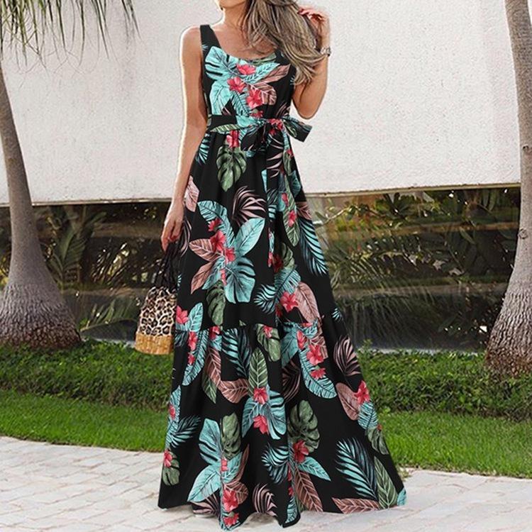 Summer Casual Long Dress with Belt European American Print