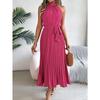 Sleeveless Summer Pleated A-line Dress Casual Solid Color Loose Party Lace-up Elegant Dresses Fashion Midi Sweet Stand Collar Holiday Clothing