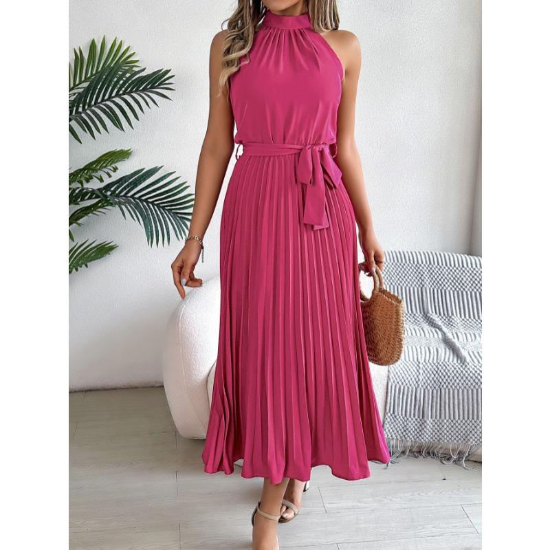 Sleeveless Summer Pleated A-line Dress Casual Solid Color Loose Party Lace-up Elegant Dresses Fashion Midi Sweet Stand Collar Holiday Clothing