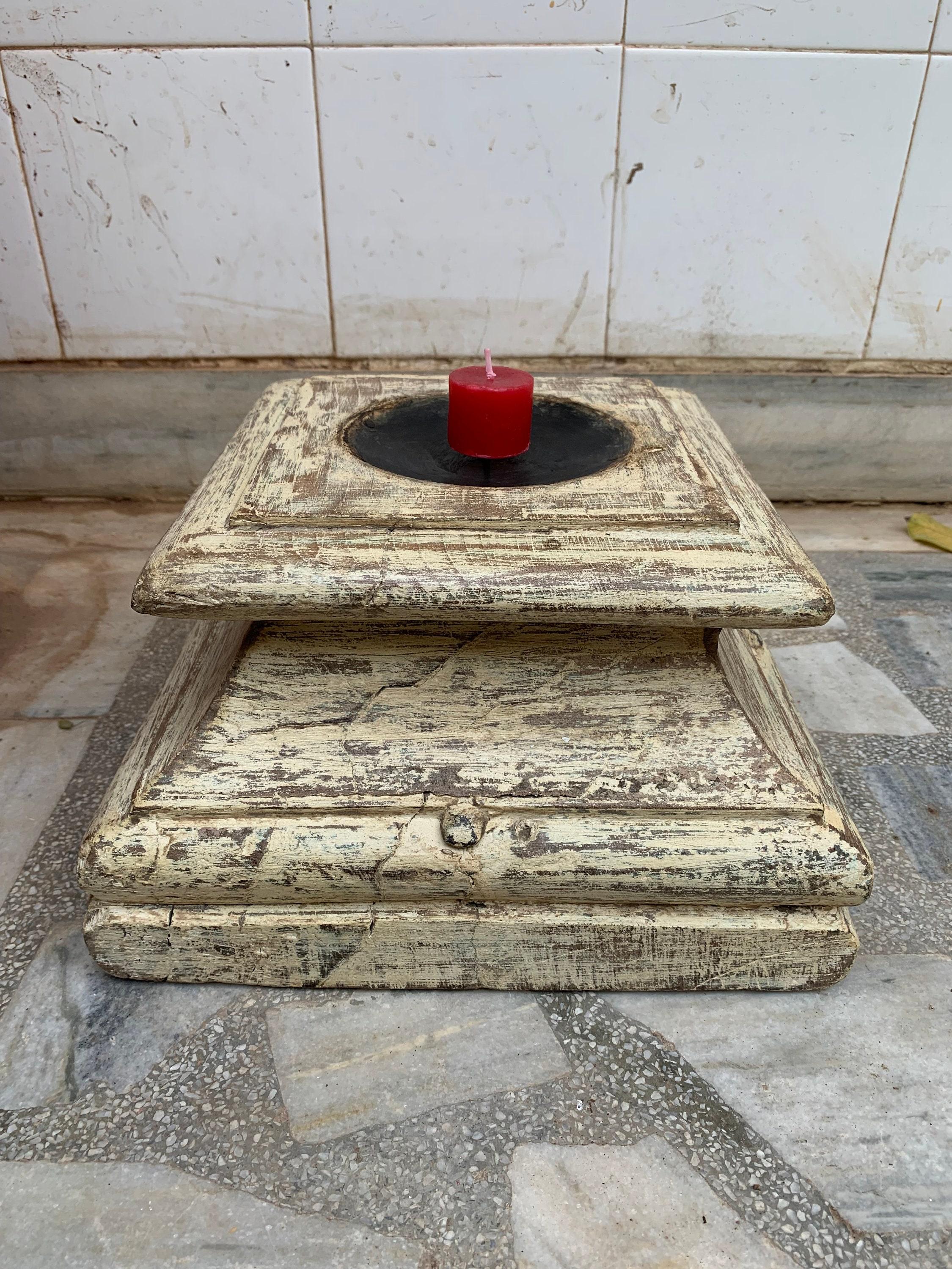 Antique Carved Reclaimed Wood Candle Stand: Rustic Indian Decor 16” X 8” X 24” (l x w x h) разноцветный