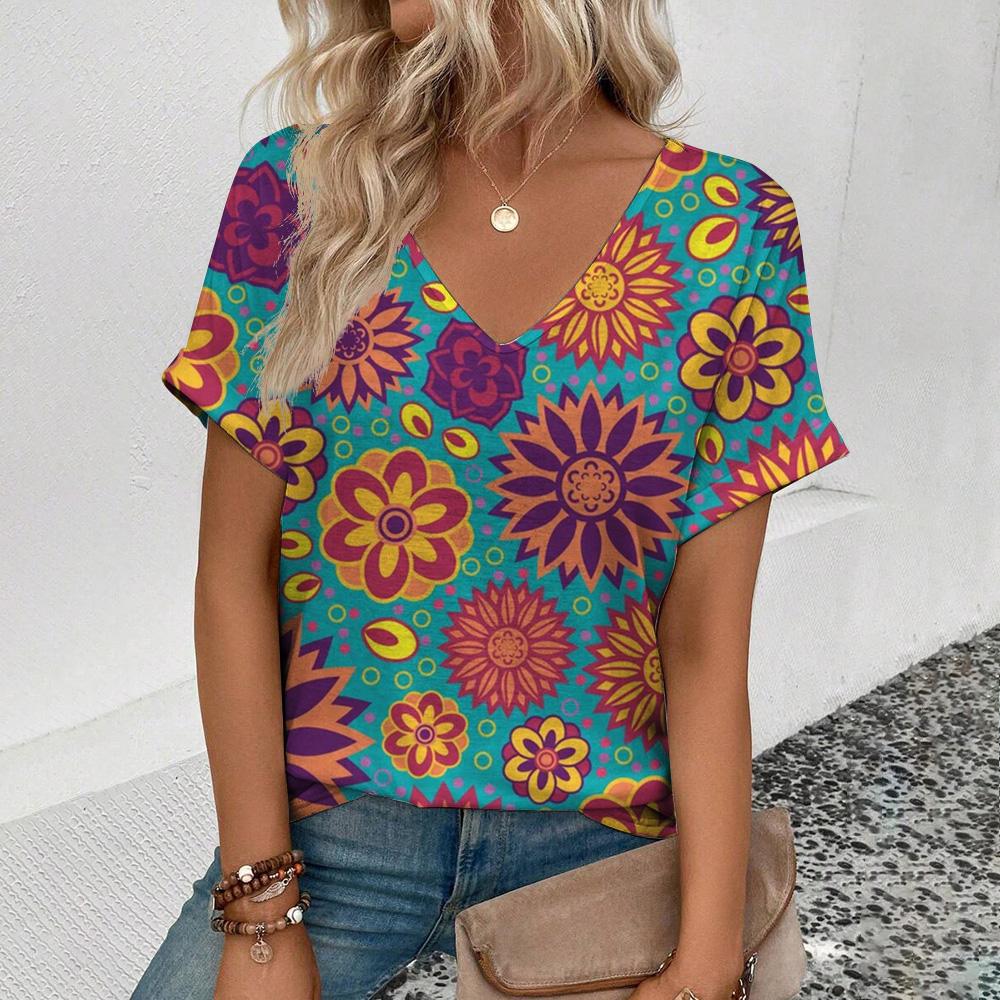 Top Women Summer Women's T-Shirt Retro Cashew Pattern Print T-Shirt Fashion Popular Women's Leisure Short Sleeve T-Shirt