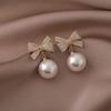 Exquisite Pearls and Diamond Dangle Earrings Charming Women' Bowknot Diamond Earrings Ornament Stylish Ear Studs Jewelry