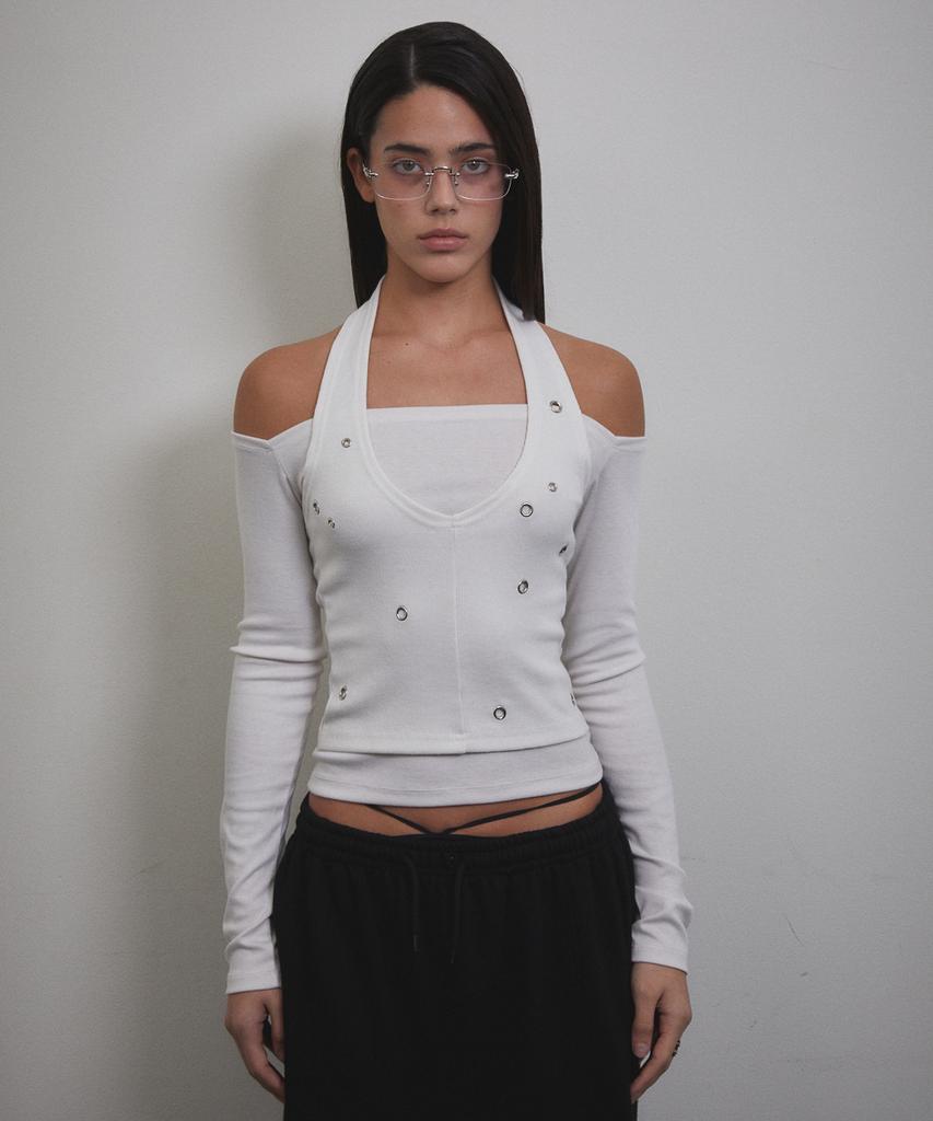 Bunteu Eyelet Halter Long Sleeve (Ivory)
