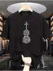Music-Themed T-Shirt with Violin & Musical Print - Short Sleeve Round Neck Casual Summer Top Suitable for Musicians, Con