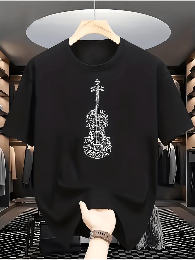 Music-Themed T-Shirt with Violin & Musical Print - Short Sleeve Round Neck Casual Summer Top Suitable for Musicians, Con