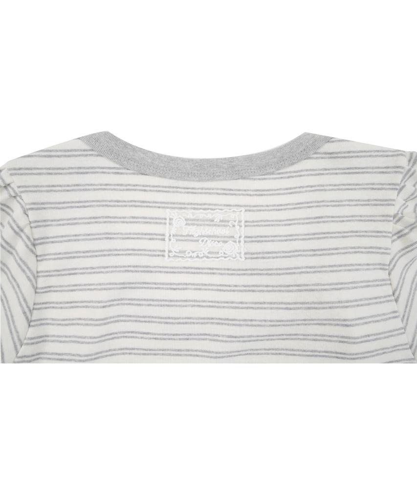 HIGH SCHOOL DISCO Striped Ribbon Puff Sleeve Short Sleeve_Melange Gray