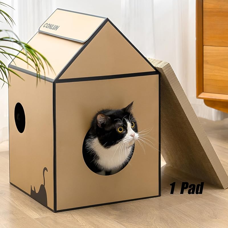 Cardboard Cat House with Scratch Pad & Catnip, Cat Play Scratching House for Indoor Hideaway Furniture, Heavy Duty Sturdy Cardboard Scratcher, Easy Medium