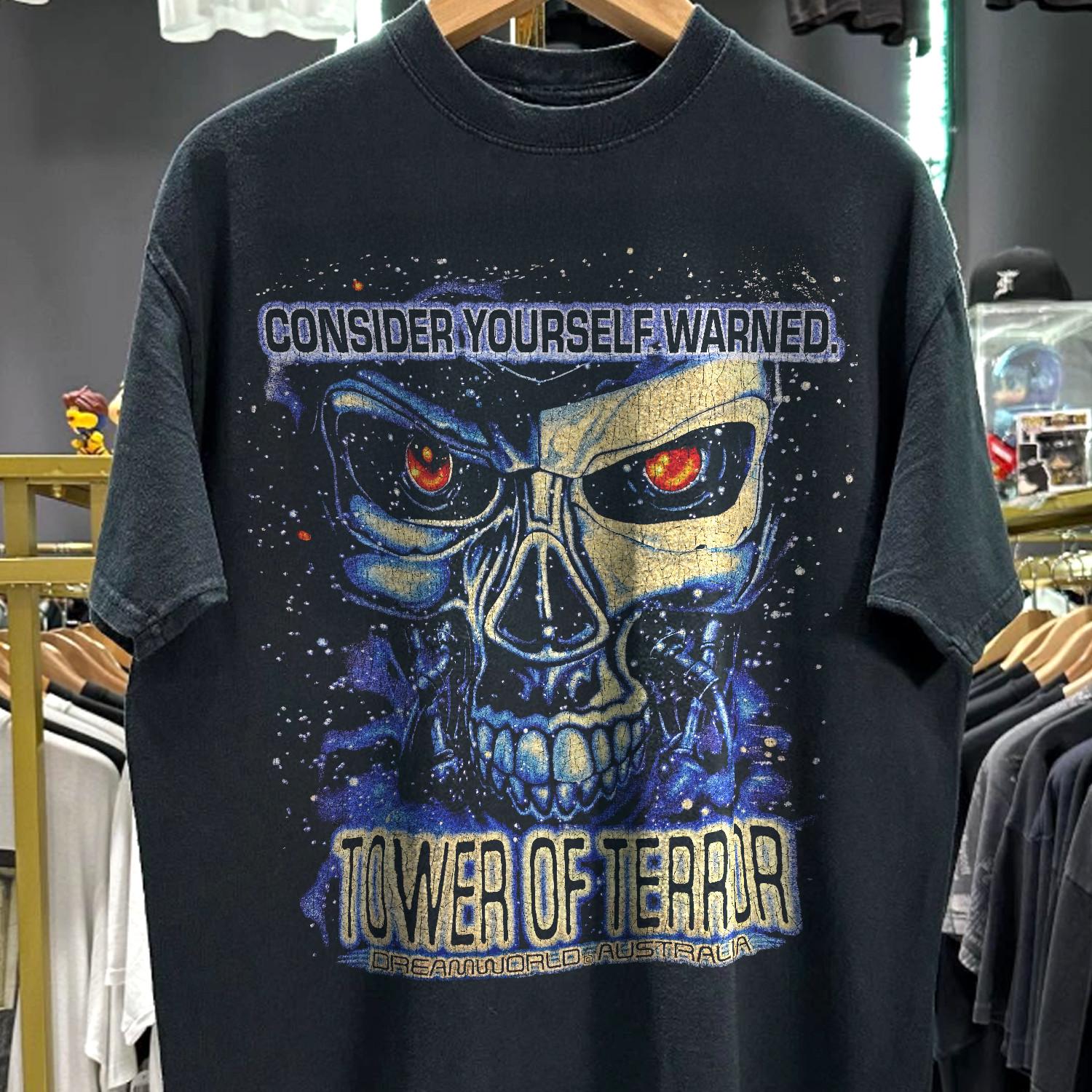 90s Dreamworld Tower Of Terror Consider Yourself Warned Rare T-Shirt Black XXL 2XL