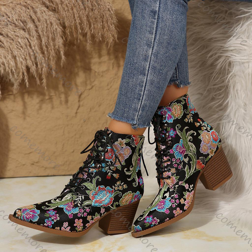 Fashion Comemore Women's Boots Spring Autumn New Embroidery Ethnic Style Pointed Head Chunky High Heel Ankle Boots Retro Short Botines