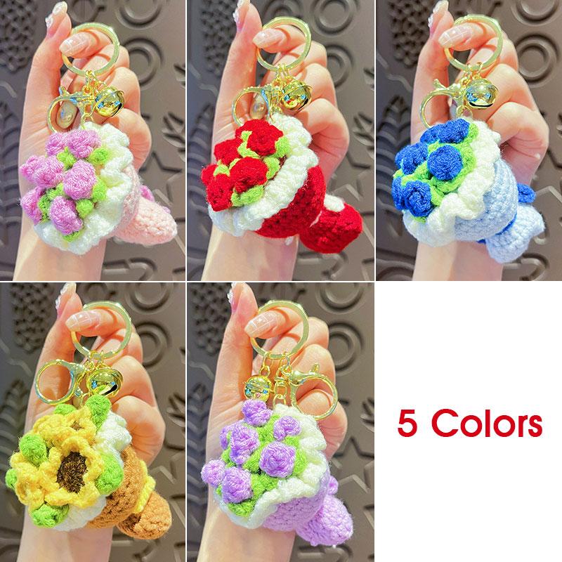 Finished Crochet Yarn Bouquet Keychain Accessories Knitted Rose Sunflower Mini Handheld Flower Doll Accessories Pendant