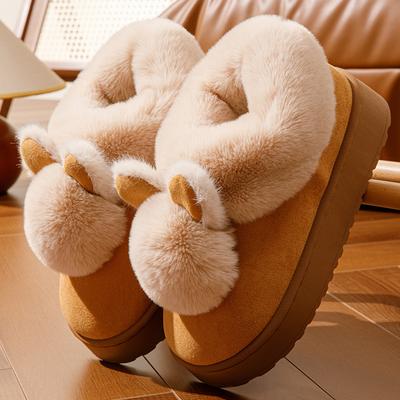 Cute Rabbit Cotton Slippers Hairball Bag Heel Thick-soled Warm Cotton Mop Winter Wear-resistant Shoes