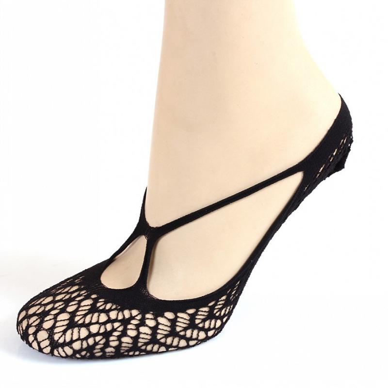 Antibacterial Non-Slip Black Mesh Boat Socks for Women