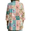 Women Button Front Patchwork Blouse Three Quarter Sleeve Loose Fit Shirt with Collar and Mixed Print Design Casual Top