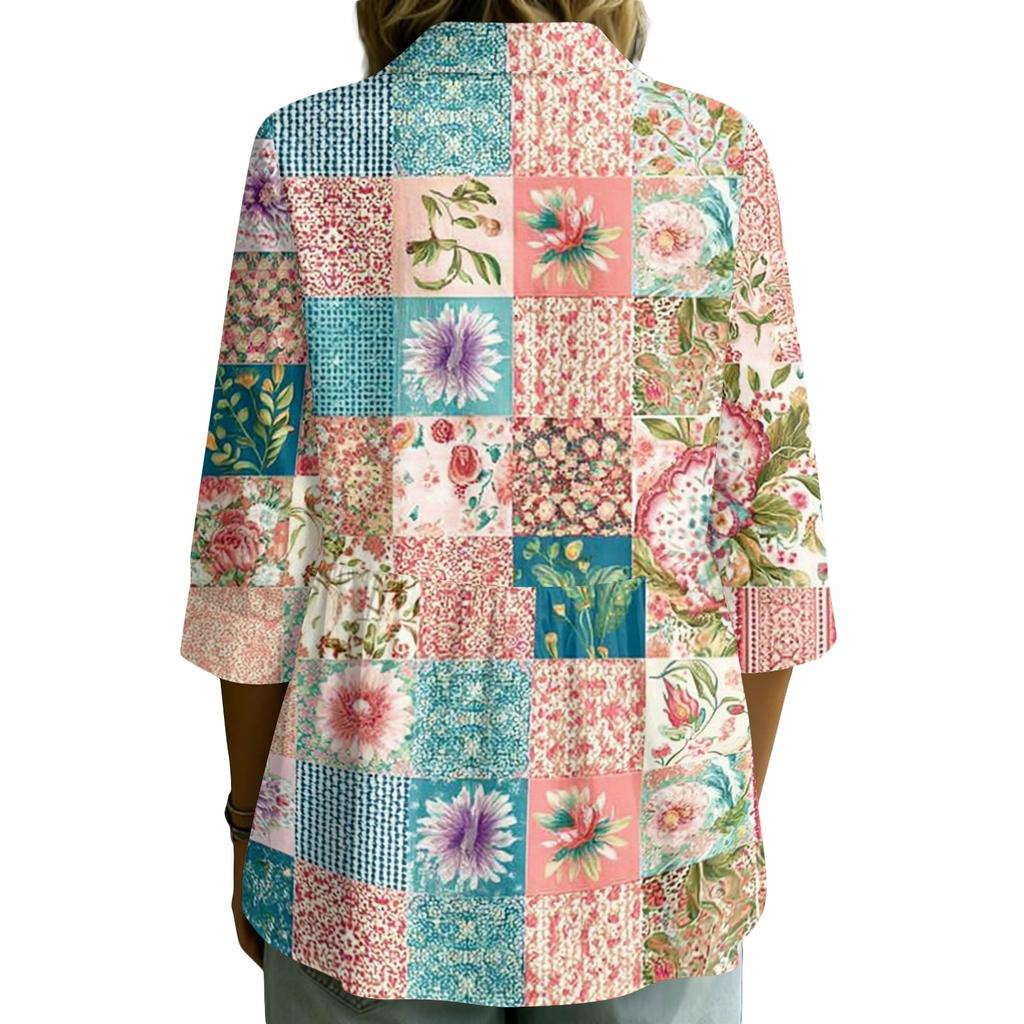 Women Button Front Patchwork Blouse Three Quarter Sleeve Loose Fit Shirt with Collar and Mixed Print Design Casual Top