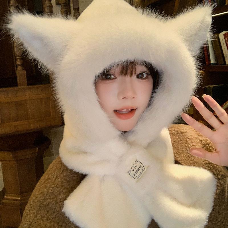 Autumn and Winter New Warm Plush Scarf Hooded Plush Thickened Cute Bear Hat Scarf Integrated Two-piece Set for Women