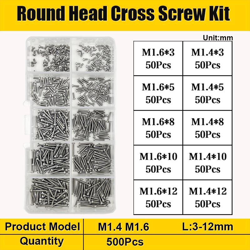 500/320pcs 304 Stainless Steel Cross Round Pan Head Phillips Machine Screw Button Head Cap Cross Bolt M1 M1.2 M1.4 M1.6 M2.5 M3