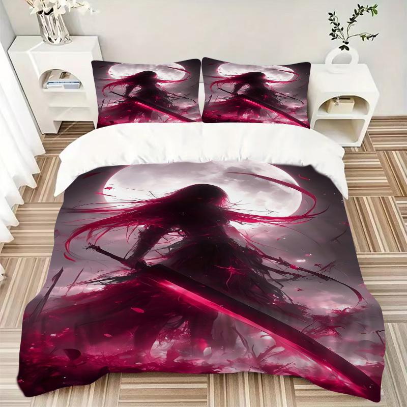 3pcs Moonlit Red Haired Warrior Fantasy Bedding Set-Perfect for Bedroom, Guest Room, Living Room, Hotel Decor-Ideal Gift for Fans, Travelers