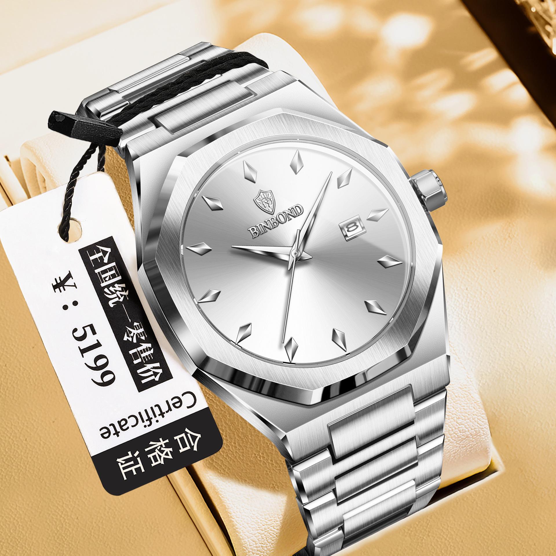 BINBOND Unisex Fashion Wristwatch with White Moonlight Octagonal Steel Band and Calendar
