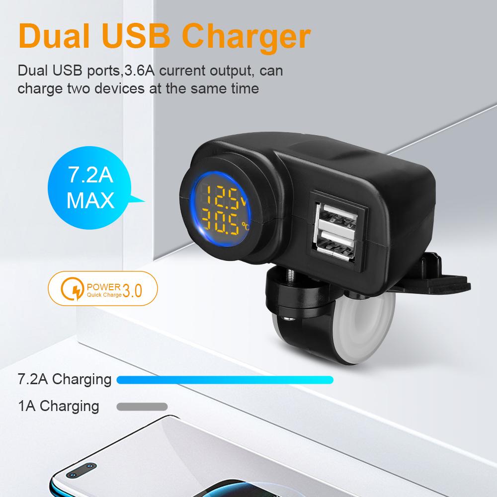 Extractme 36W Dual QC3.0 Motorcycle USB Charger Fast Charging Voltmeter Thermometer Digital Display Mobile Phone Charger Socket