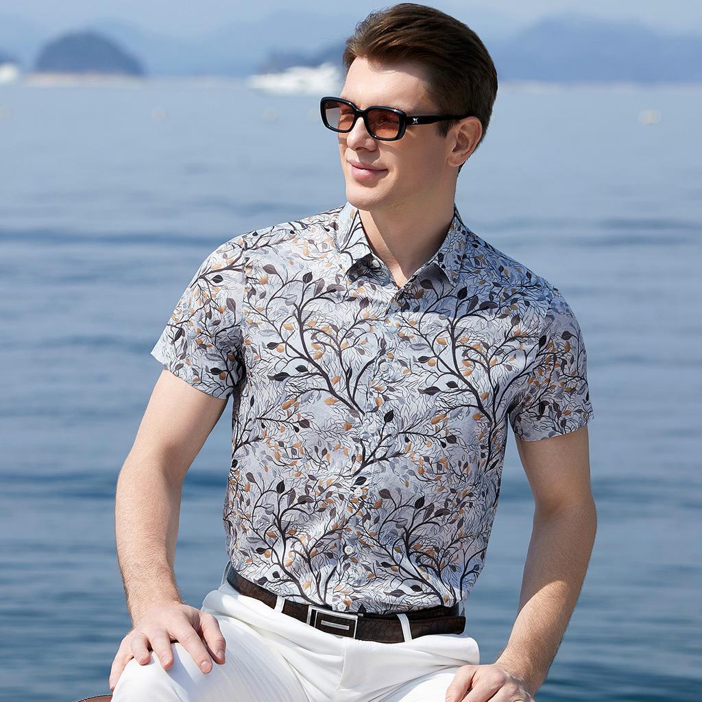 Pure Cotton Printed Shirt Men's Short Sleeve Summer Skin Friendly Breathable Half Sleeve Flower Shirt
