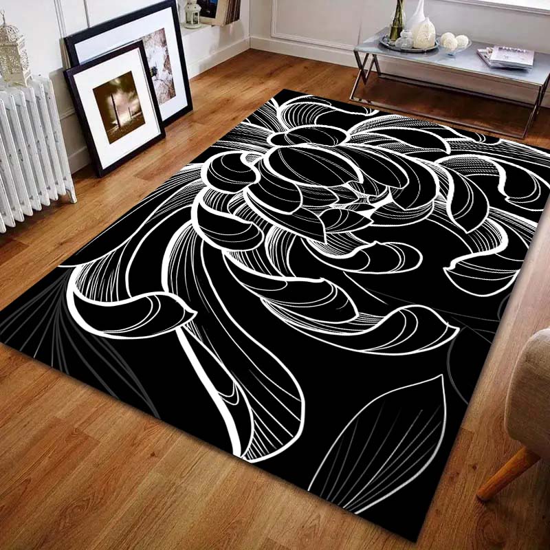 Multiple Sizes Luxury Black and White Flowers Carpet for Living Room Bedroom Sofa Home Decor Rus Non-slip Floor Mat