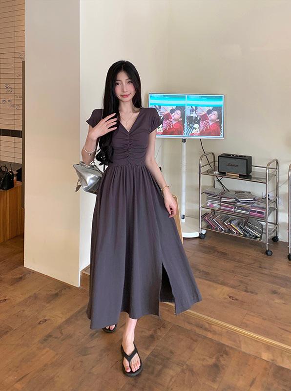 Plus Size Hepburn Style Little Black Dress - French Retro Summer Slit Skirt for Women 4XL (Recommended for 90-100 kg) темно-серого