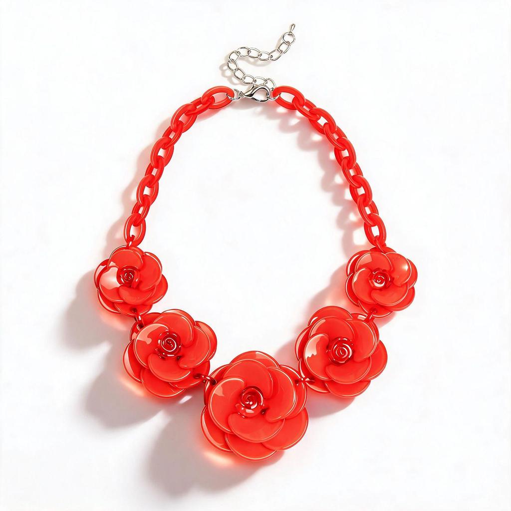 Collana Boema con Fiore in Acrilico - Catena Colorata per Maglione a Forma di Rosa