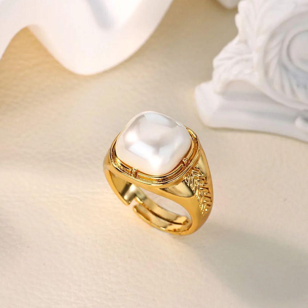 Retro Stainless Steel Imitation Pearl Ring Gold Color Anti Fading Open Rings for Women Mama Wedding Jewelry Vacation Party Gifts