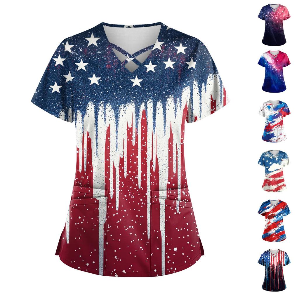 Top de damă cu mânecă scurtă Stagger cu decolteu în V cu imprimeu buzunar pentru asistentă uscată