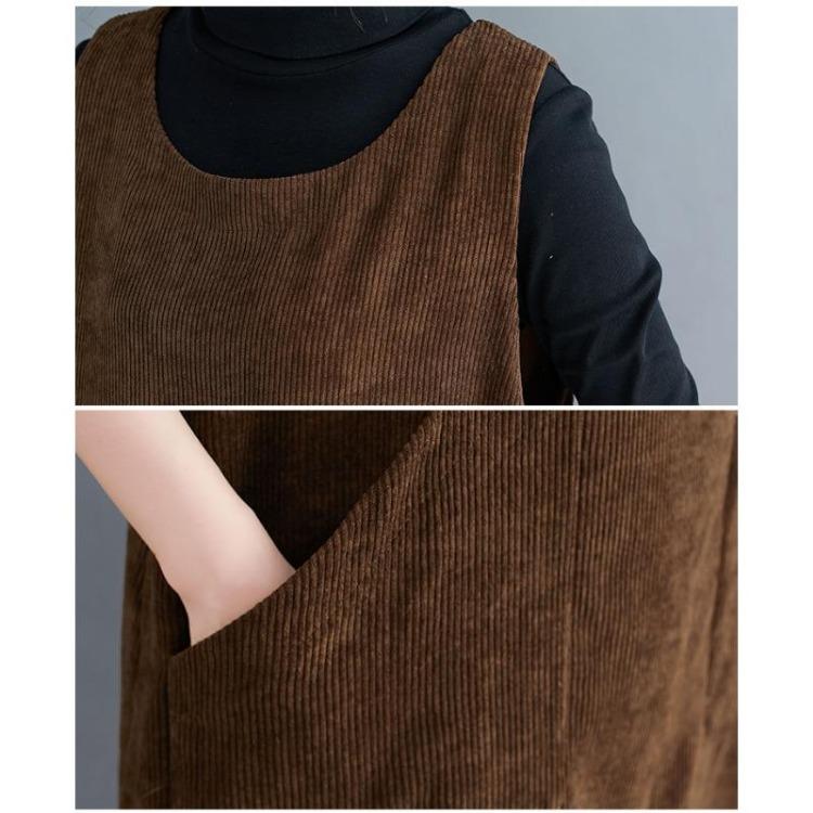 Plus Size Women Corduroy Sleeveless Long Dress Casual Loose Large Lady Dress
