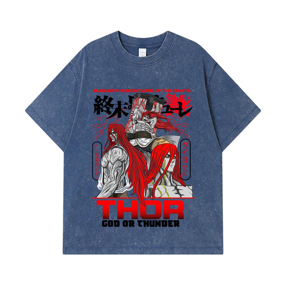 

275 GSM Washed T-shirts 100% Cotton Record of Ragnarok V1 Thor Print Unisex Heavy Cotton T Shirt 2XL королівський синій колір
