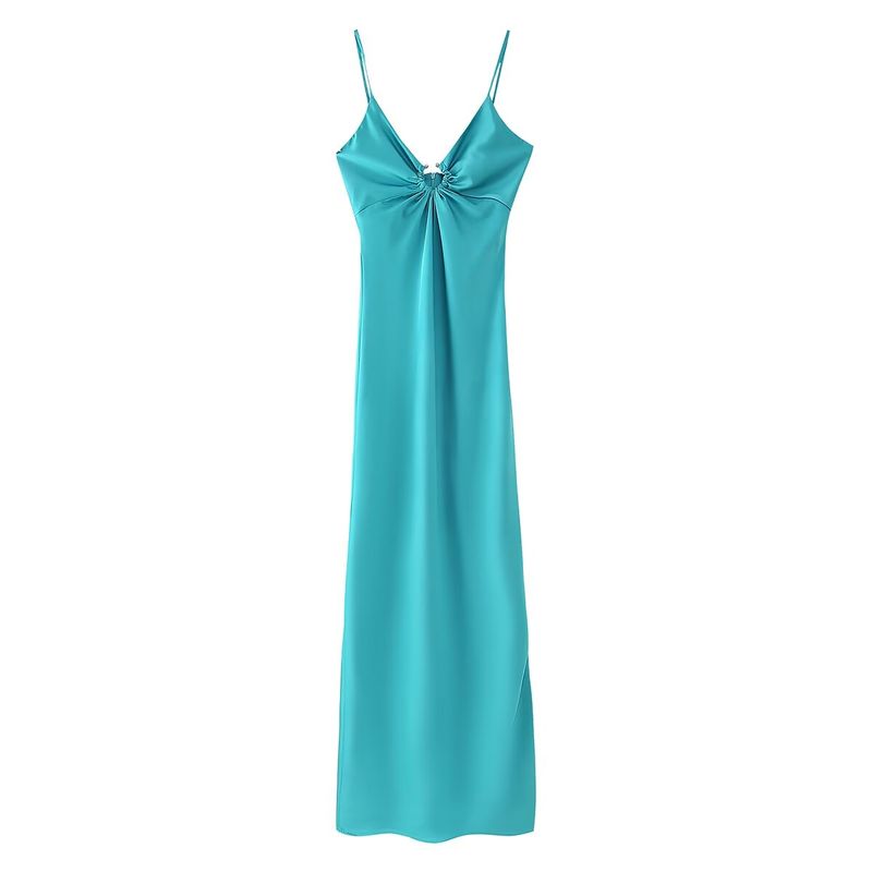 Kaslead New Arrival Women's Clothing Fashion Style Fashion Long Cut Out Decoration Satin Sling Dress