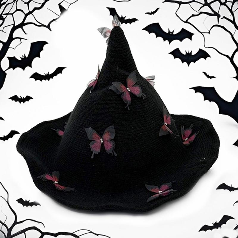 Halloween Knitted Witch Hat with Lovely Butterfly Accent Witch Costume Hat for Adults Costume Parties