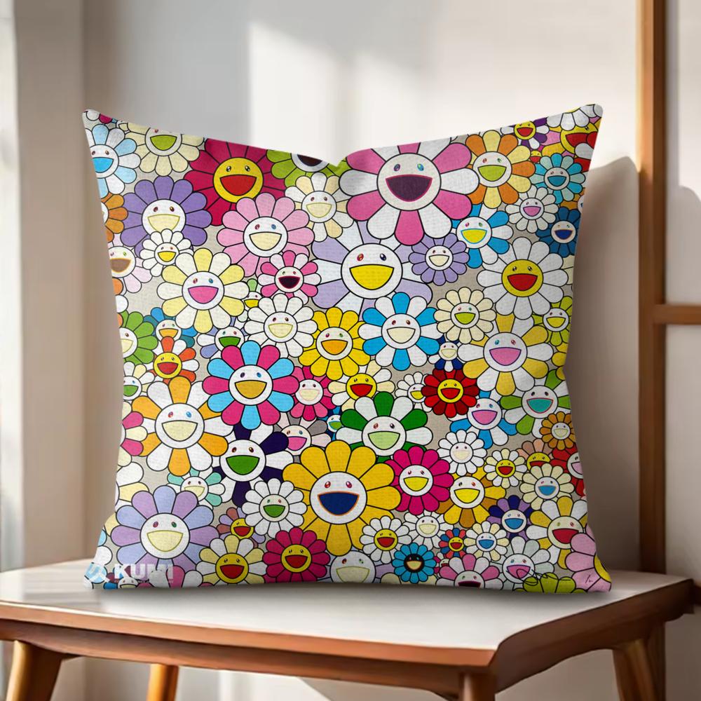 Art Sunflower MMurakamiTakashi Cushion Cover Natural Linen Organic Fabric DoubleSided Printing Couch Pillow Covers Home Decor