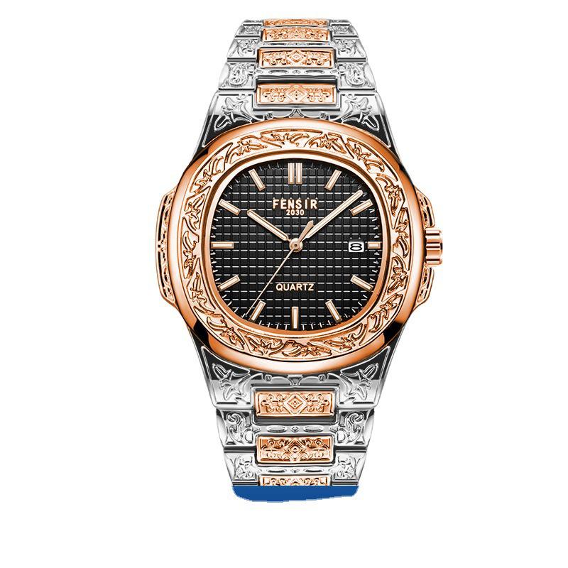 FENSIR Engraved Mesh Men's Retro Calendar Quartz Watch In European and American Style
