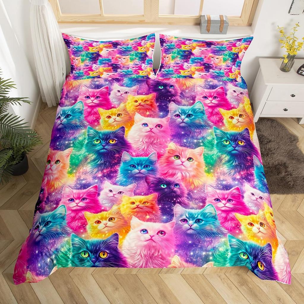 Rainbow Cat Duvet Covers For Kids Teens Girls Queen Lightweight Bedspread Cover Room Decor Kawaii Rainbow Ombre Cats Bedding Set