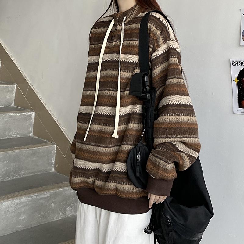 Autumn and Winter Vintage Striped Loose Pullovers Women Sweater Long Sleeve Casual Plus Size Knitted Sweaters Women Fashion O Neck Knit Jumpers 25361