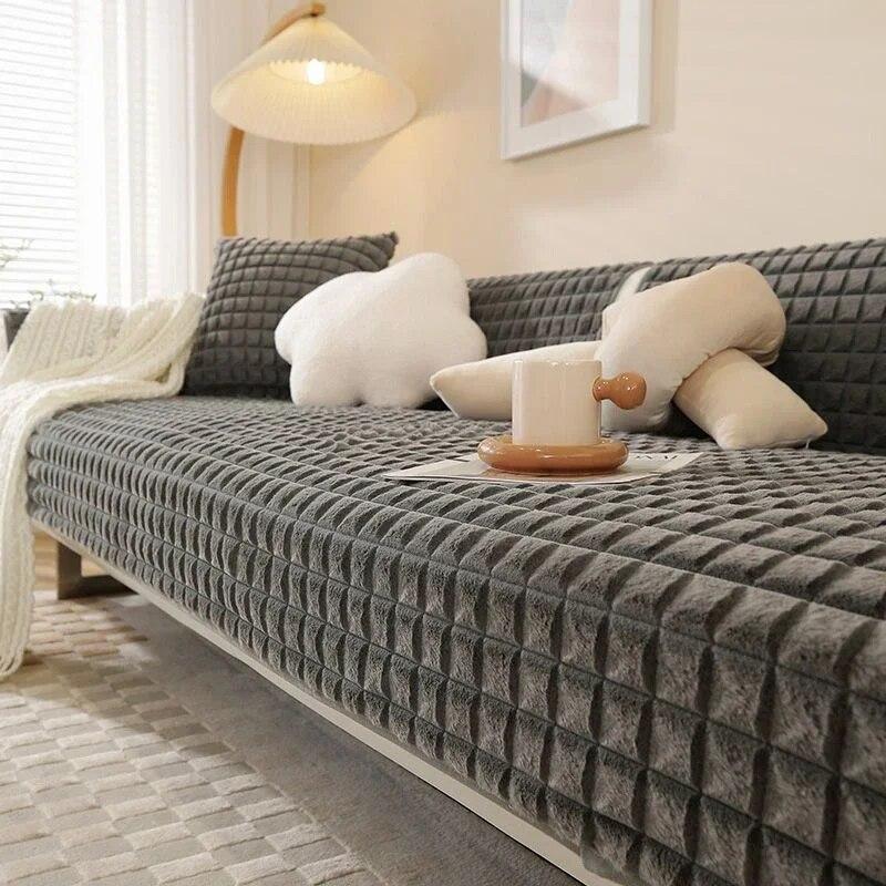 INS Ruit Dik Pluche Bankhoes Antislip Winter Warm Bankhanddoek Mat Wit Grijs Kleur L-vormige Bankhoes voor Woonkamer