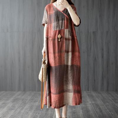 Summer Women Artistic Loose Splicing Cotton Linen Dress Vintage Plaid Printed V-neck Summer Long Dresses