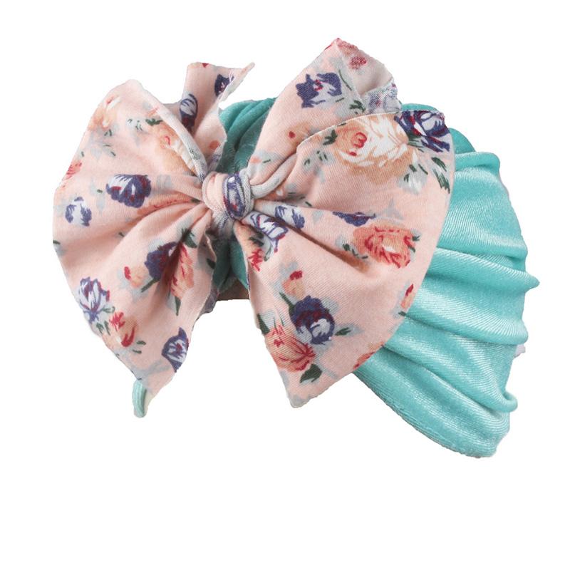 

Детская шапка с большим бантом и цветочным принтом, мягкая бархатная шапка для маленьких девочек, весенняя шапка-тюрбан для малышей, шапочка, детская шапка зелёный