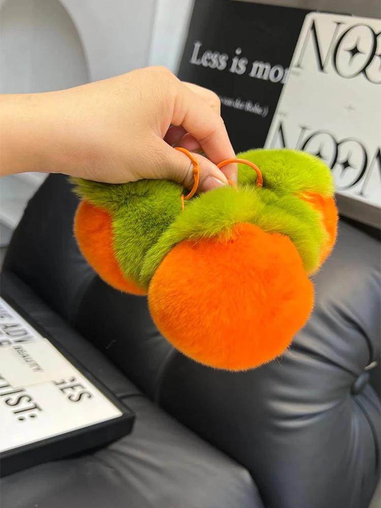 2025 Real Rabbit Hair Mini Cute Small Persimmon Keychains Women Plush Rex Rabbit Fur Car Key Chain Bag Decoration Pendant Gift