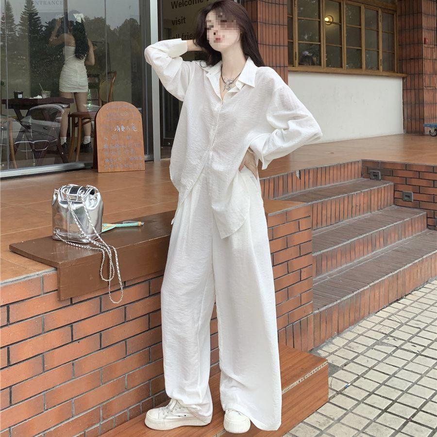 Extra-Large Relaxed Casual Wide-Leg Linen Pants & Slimming White Shirt for Women